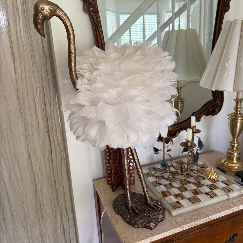 Feathered Flamingo Table Lamp - White Feathers, Gold Base